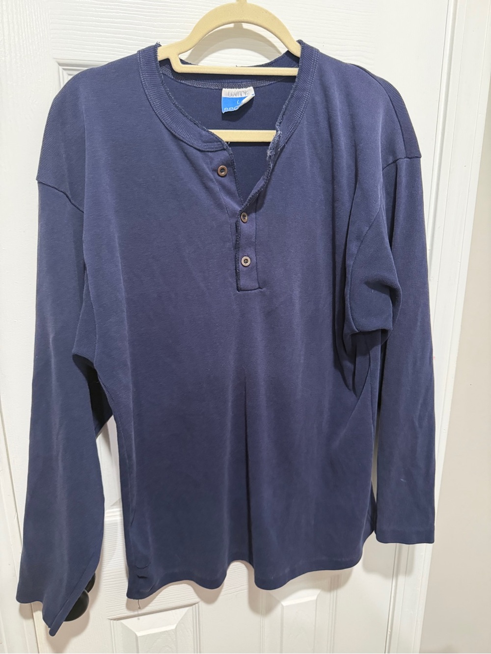 Unity Sports Vintage Navy Henley Long Sleeve Shirt USA Made Size Large